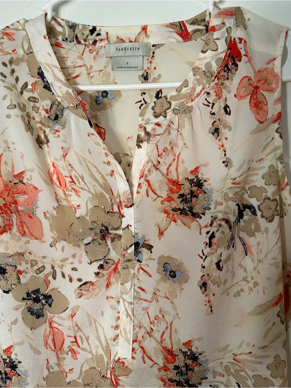 Van Heusen Cream Floral Split-Neck Blouse with Coral Accents